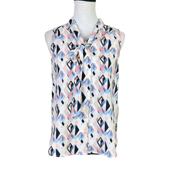 Rachel Zoe Geometric Print Pastel Colorful Tie Neck Sleeveless Blouse - Picture 2 of 11